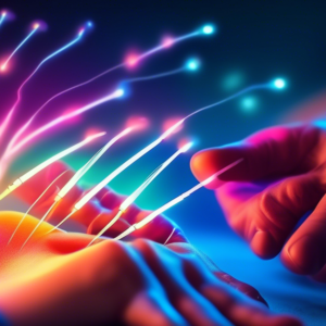 A hand with carpal tunnel syndrome receiving acupuncture with glowing needles and a calming aura.