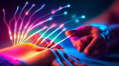 A hand with carpal tunnel syndrome receiving acupuncture with glowing needles and a calming aura.