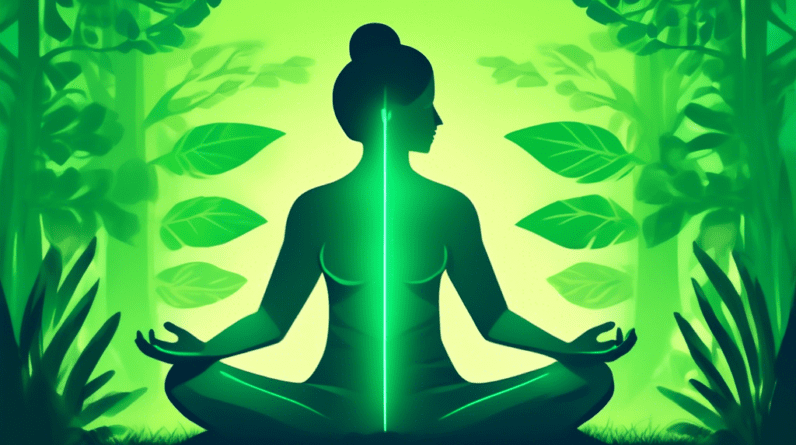 A person meditating peacefully with glowing green hands surrounded by nature, symbolizing alternative carpal tunnel relief.