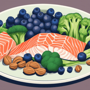 A plate with salmon, broccoli, blueberries, and walnuts arranged in the shape of a hand with carpal tunnel syndrome highlighted.