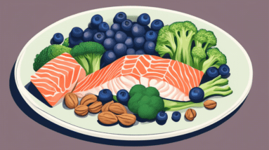 A plate with salmon, broccoli, blueberries, and walnuts arranged in the shape of a hand with carpal tunnel syndrome highlighted.