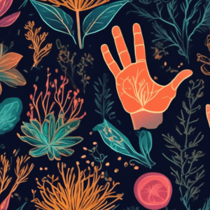 A glowing hand with carpal tunnel syndrome overlaid with botanical illustrations of Ayurvedic herbs and spices.