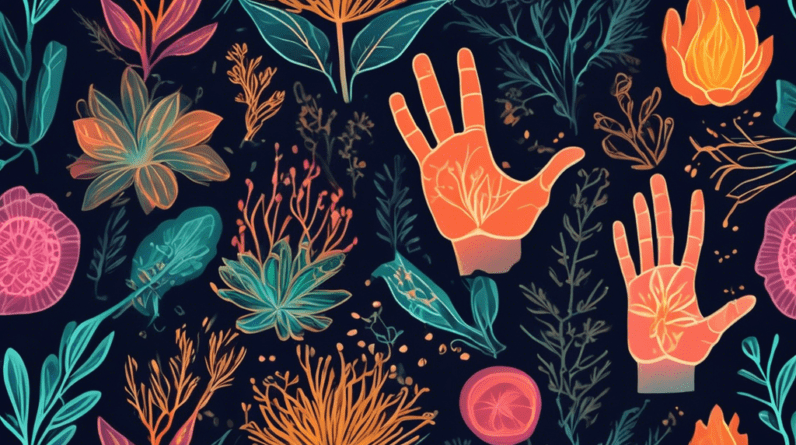 A glowing hand with carpal tunnel syndrome overlaid with botanical illustrations of Ayurvedic herbs and spices.