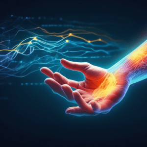 A hand with glowing nerves reaching from the wrist to fingertips, overlaid with a data visualization of biofeedback graphs and brainwave patterns.