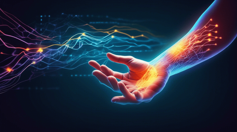 A hand with glowing nerves reaching from the wrist to fingertips, overlaid with a data visualization of biofeedback graphs and brainwave patterns.