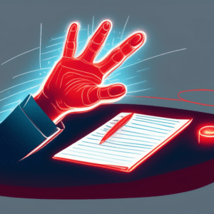 A hand with glowing red lines representing carpal tunnel pain reaching towards a desk job but unable to grasp a pen.