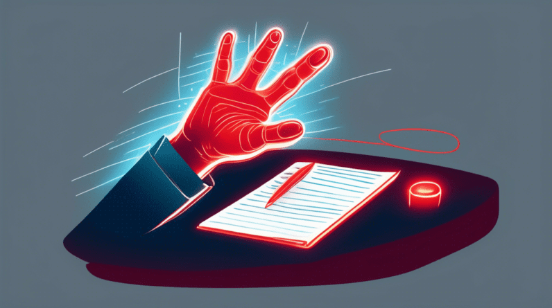 A hand with glowing red lines representing carpal tunnel pain reaching towards a desk job but unable to grasp a pen.