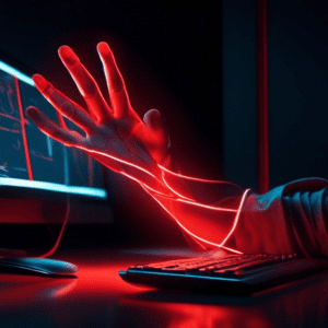 A hand with glowing red lines illustrating pain points and tension, reaching towards a computer mouse in a dimly lit office.