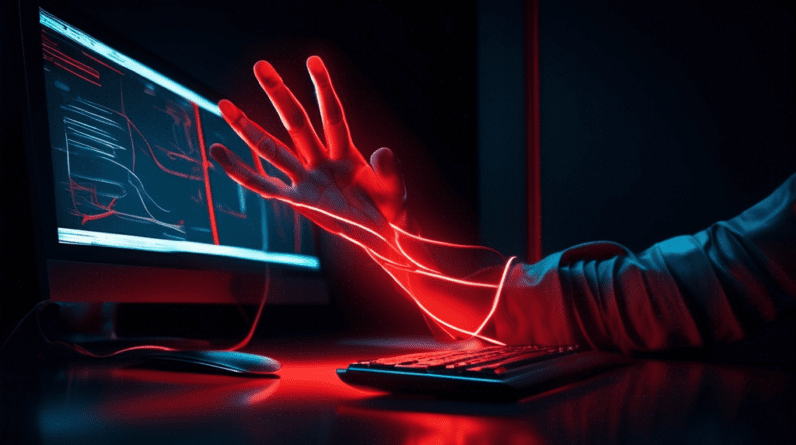 A hand with glowing red lines illustrating pain points and tension, reaching towards a computer mouse in a dimly lit office.