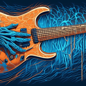 A hand with glowing blue outlines of bones and nerves, holding a guitar neck overlaid with a basketball texture, showing strain at the wrist.