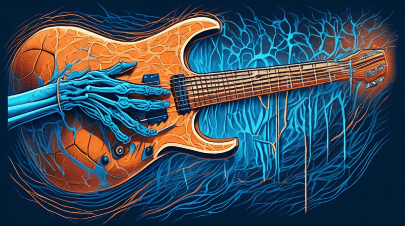 A hand with glowing blue outlines of bones and nerves, holding a guitar neck overlaid with a basketball texture, showing strain at the wrist.