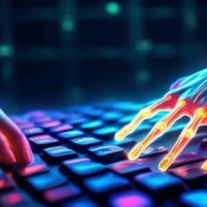 A hand with glowing, ethereal nerves reaching towards a chiropractor's adjusting hand, superimposed over a keyboard.