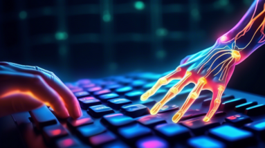 A hand with glowing, ethereal nerves reaching towards a chiropractor's adjusting hand, superimposed over a keyboard.