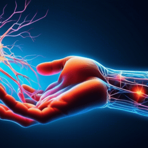 A hand with glowing nerves, showing carpal tunnel syndrome, with a glucose molecule superimposed.