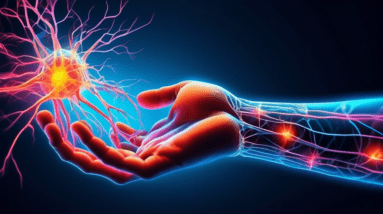 A hand with glowing nerves, showing carpal tunnel syndrome, with a glucose molecule superimposed.