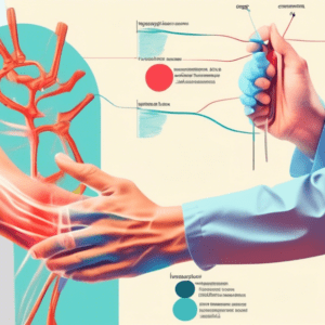 A doctor examining a patient's wrist with a reflex hammer, overlay of a diagram highlighting the carpal tunnel.