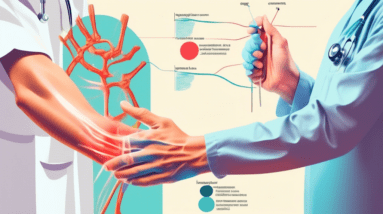 A doctor examining a patient's wrist with a reflex hammer, overlay of a diagram highlighting the carpal tunnel.