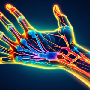 A hand with glowing nerves showing carpal tunnel syndrome being scanned by medical imaging equipment.