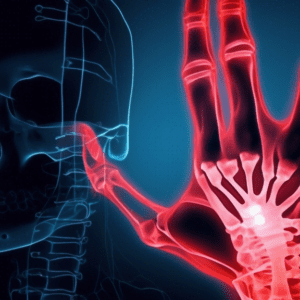 A hand with glowing red lines tracing the carpal tunnel, overlaid on a shadowy x-ray of bones. A worried face is reflected in the background.