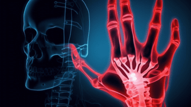 A hand with glowing red lines tracing the carpal tunnel, overlaid on a shadowy x-ray of bones. A worried face is reflected in the background.