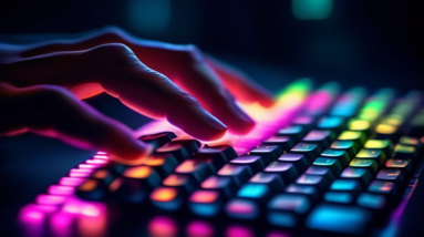 A person's hands typing on an ergonomic keyboard with a soft glow highlighting the natural alignment of their wrists.