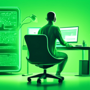 A person at a computer workstation with ergonomically designed keyboard, mouse, and chair, bathed in soft green light symbolizing health and prevention.