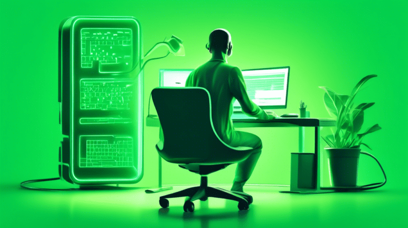 A person at a computer workstation with ergonomically designed keyboard, mouse, and chair, bathed in soft green light symbolizing health and prevention.