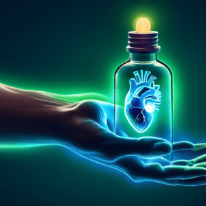 A glowing hand with carpal tunnel syndrome reaching towards a bottle of essential oil with calming blue and green aura surrounding it, anatomical heart illustration on the wrist.