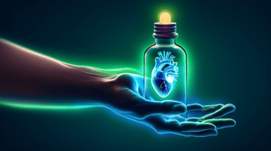 A glowing hand with carpal tunnel syndrome reaching towards a bottle of essential oil with calming blue and green aura surrounding it, anatomical heart illustration on the wrist.