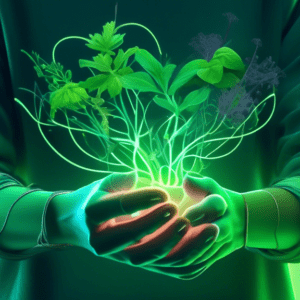 A cupped hand with glowing green lines representing nerves, surrounded by floating herbs and plants with a futuristic, glowing green brace on the wrist.