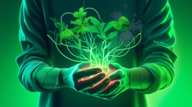 A cupped hand with glowing green lines representing nerves, surrounded by floating herbs and plants with a futuristic, glowing green brace on the wrist.