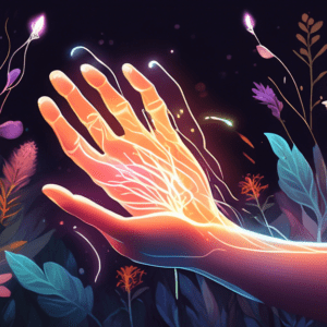 A hand with glowing energy lines emanating from its wrist, surrounded by flowers and herbs with a soft, ethereal glow.