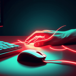 A hand with glowing red lines illustrating pain points, reaching for a computer mouse on a desk scattered with everyday objects.