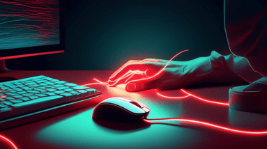 A hand with glowing red lines illustrating pain points, reaching for a computer mouse on a desk scattered with everyday objects.