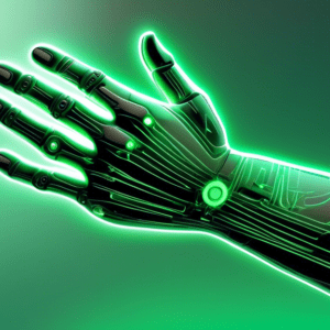 A robotic hand with glowing green lines representing lasers targeting the wrist's carpal tunnel.