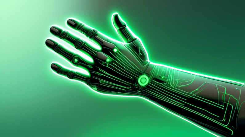 A robotic hand with glowing green lines representing lasers targeting the wrist's carpal tunnel.