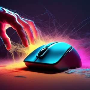 A withered hand reaching for a glowing computer mouse, surrounded by cobwebs and dust.