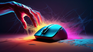 A withered hand reaching for a glowing computer mouse, surrounded by cobwebs and dust.