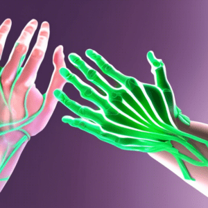 Two hands, one with glowing green lines representing nerves, receiving a massage, with a carpal tunnel highlighted in the background.