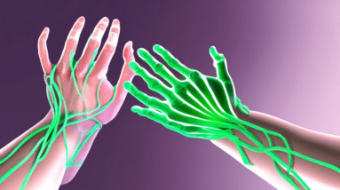 Two hands, one with glowing green lines representing nerves, receiving a massage, with a carpal tunnel highlighted in the background.