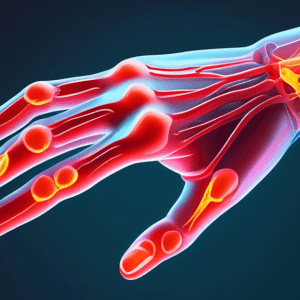 A hand with translucent skin showing inflamed red tendons, pressing on a median nerve, in the style of medical illustration.