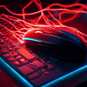 A hand with glowing, red nerves, gripping a computer mouse with a pained expression.