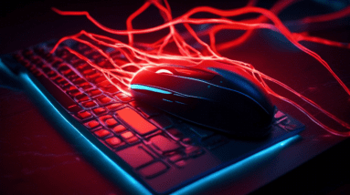 A hand with glowing, red nerves, gripping a computer mouse with a pained expression.