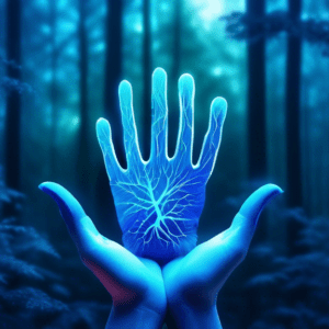 A hand with glowing blue nerves, gently held by a pair of hands in occupational therapy gloves, with a calming forest background.