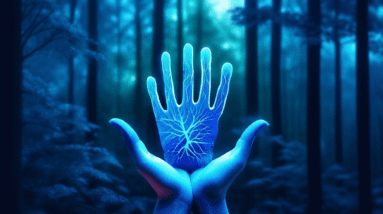 A hand with glowing blue nerves, gently held by a pair of hands in occupational therapy gloves, with a calming forest background.