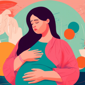 A pregnant woman holding her wrist in pain, surrounded by oversized objects symbolizing carpal tunnel syndrome.