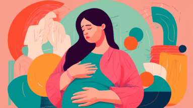 A pregnant woman holding her wrist in pain, surrounded by oversized objects symbolizing carpal tunnel syndrome.