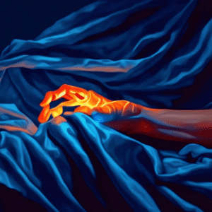 A hand with glowing carpal tunnel tendons reaching out from under a crumpled and disturbed bed sheet, set against a dark blue background.