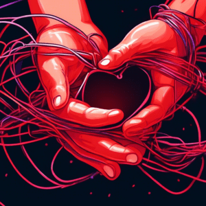 A hand with glowing red carpal tunnel pressing on a heart made of tangled wires.