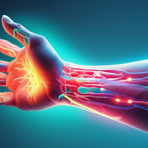 A hand with glowing nerves, a scalpel hovering above the wrist, anatomical view, overlay of benefits and risks.